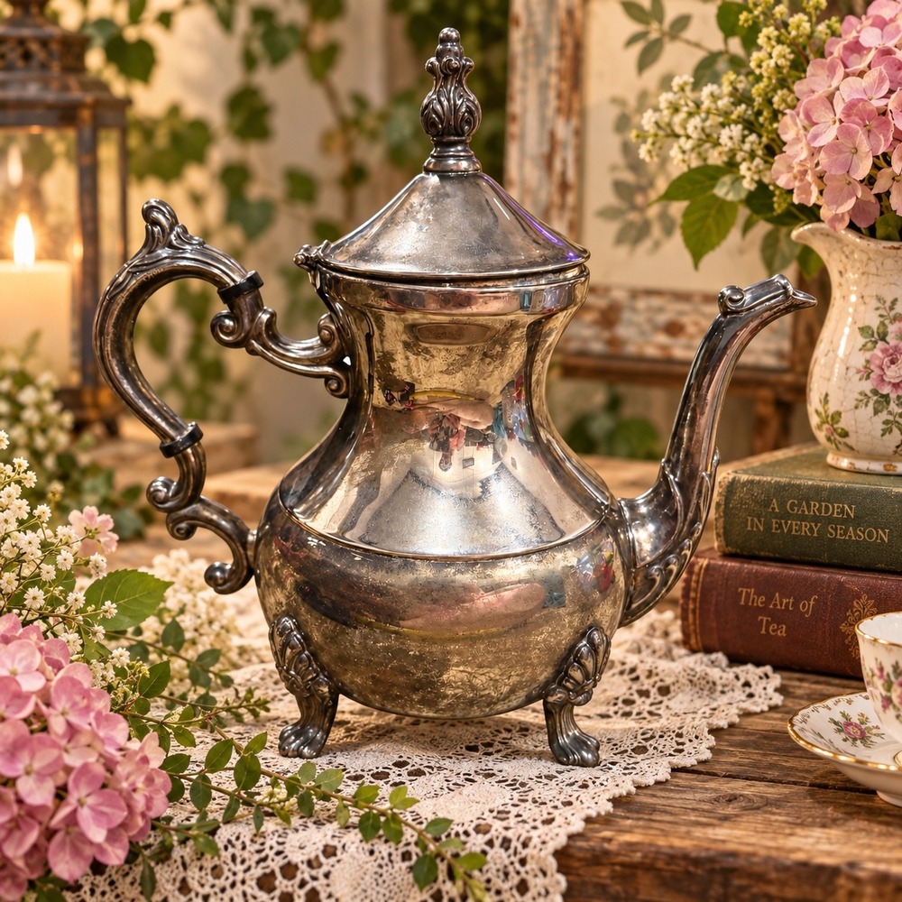 Vintage Silver Plated Footed Teapot Ornate Victorian Style Tea Pot with Finial